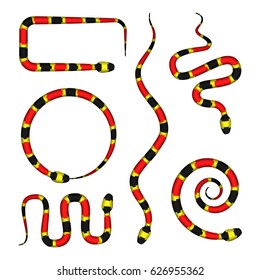 Vector 3d Illustration of Coral Snake or Micrurus Isolated on White Background. Serpent with Red, Black and Yellow Stripes