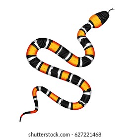 Vector 3d Illustration of Coral Snake or Micrurus Isolated on White Background. Serpent with Orange and Black Stripes