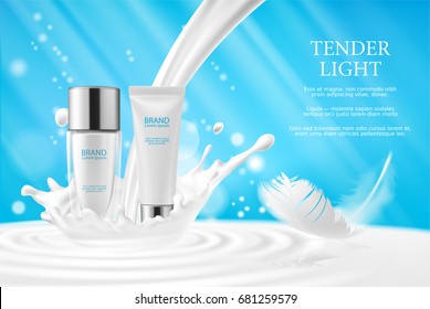 Vector 3D illustration, cream, lotion, cosmetic milk for face and hands in glass bottle and a white tube on a soft blue background with a milk splash and a white feather. Promotion of premium product