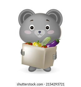 Ilustración vectorial 3d, un oso gris lindo sostiene un paquete de verduras. Ilustración sobre el tema de la compra de verduras. Kawaii sonriendo animal de caricatura. Adecuado para los productos infantiles, los libros.