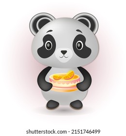Ilustración vectorial 3d, el lindo panda sostiene una torta. Kawaii sonriendo animal de caricatura. Adecuado para tarjetas, productos para bebés, libros para niños, productos.