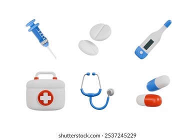 Ilustração em 3D vetorial demonstrando um conjunto de instrumentos médicos e medicamentos. Inclui estetoscópio, seringa, termômetro, comprimidos e kit de primeiros socorros em fundo isolado.