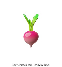 Vector 3D illustration depicting a realistic radish with leaves on an isolated white background. Ideal for culinary design and recipe websites. Healthy eating and vegetarianism.