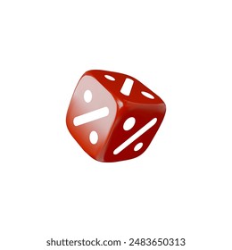 Vector 3D illustration depicting a red cube with percentages. Game dice design element for gambling or business projects. Isolated background. Cartoon style.