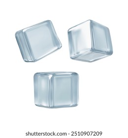Vector 3D illustration depicting a set of ice cubes on an isolated background. Ice pieces for cooling drinks. Cartoon plastic style. Icons for design.