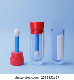 Vector 3d illustration of empty open and closed test tube with cotton swab. Swab sample collection. Medicine, health and research theme. Test for laboratory. Isolated blue background. Cartoon style.