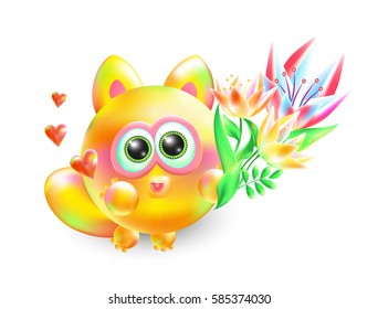 Vector 3d illustration enamored little kitten. Realistic multi-colored amorous cat with beautiful bouquet of flowers on a white background