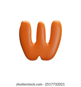 Vector 3D illustration with the English letter w. The letter is made of thick orange plastic in a cartoon children's style, suitable for various educational and creative projects.