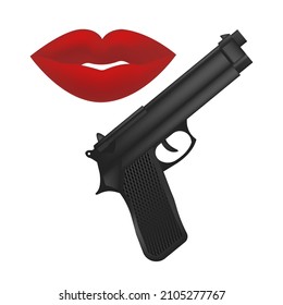 Ilustración vectorial 3D con labios rojos hembra y una pistola. El concepto de armas, asesinato, detective, etc.