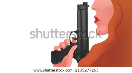 Vector 3d illustration of a female shooter, killer, who holds gun near her lips. Portrait profile. Horizontal banner format. The concept of a female crime, murder, detective.