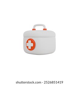 Vector 3D ilustración de un botiquín de primeros auxilios. Maleta blanca con una cruz sobre un fondo aislado. Equipo médico para atención de emergencia. Concepto de medicina. Estilo de dibujos animados.