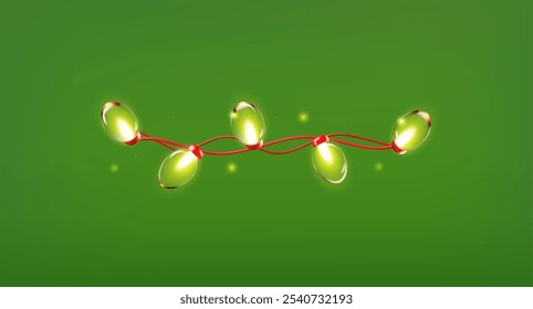 Ilustração em 3D vetorial de um layout de grinalda com bolbos brilhantes alongados redondos e pequenas partículas espumantes ao redor. Elemento tradicional para o feriado de Natal. Ícone em um plano de fundo verde isolado.