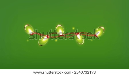 Vector 3D illustration of a garland layout with round elongated glowing bulbs and small sparkling particles around. Traditional element for the Christmas holiday. Icon on a green isolated background.