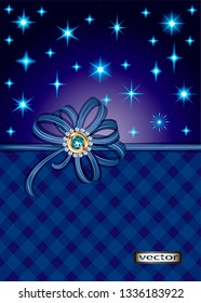 Vector 3D illustration of gift wrap, festive background with gift bow with stars dark blue with gold decor of precious stones