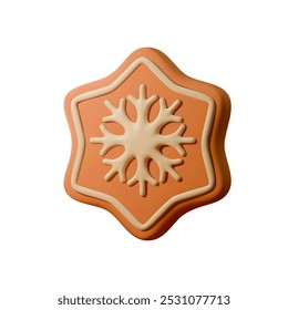 Vector Ilustración 3D de una galleta de jengibre en forma de estrella con un diseño de copo de nieve en la parte superior. La golosina festiva presenta tonos marrones y crema cálidos, ideales para temas de vacaciones, diseños de horneado