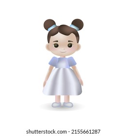 Vector 3d illustration, the girl in dress with light skin and brown hair,hairstyle two buns. Avatar, icon for the application. Kawaii smiling cartoon character.Suitable for children's products, books