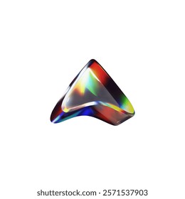 Vector 3D illustration of glass arrow pointing up. Holographic effect with rainbow refraction. Cursor with dispersed light. Web icon. Isolated white background. Rendering.