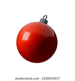 Vector 3D illustration of glossy, red Christmas ornament ball with silver top. Minimalist design, perfect for holiday decorations, festive cards, and New Year themes