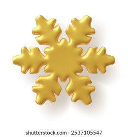 Vector 3d illustration with golden snowflake on isolated white background. Christmas decoration. Shiny plastic snowflake with shadow. Cartoon style. Design element.