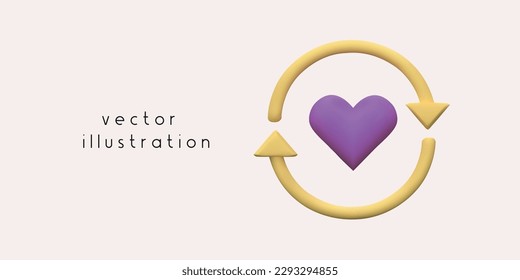 Ilustración vectorial 3D de un buen ciclo de retroalimentación. Representación 3D del corazón y las flechas.