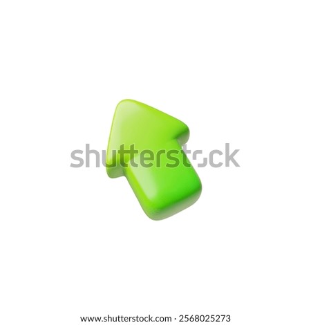 Vector 3D illustration of green arrow pointing upward, indicating direction or growth. Cartoon style icon on isolated white background. Navigation symbol. Web design. Logo. Cursor.