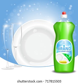 Vector 3d illustration of green color dishwashing liquid product advertisement. Plastic bottle label design. Washing-up liquid or dishwashing soap brand advertising poster.