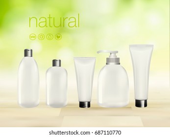 Vector 3D illustration with green cosmetic product ads, makeup template, skin and body care cream blank package against nature background.