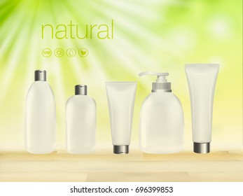 Vector 3D illustration with green cosmetic product ads, makeup template, skin and body care cream blank package against nature background.