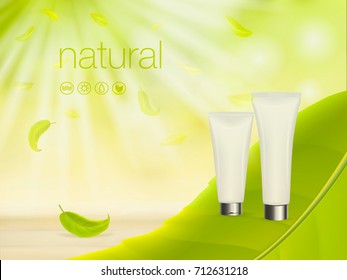 Vector 3D illustration with green cosmetic product ads, makeup template, skin and body care cream blank package against nature background.