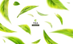 Vektorová 3D Ilustrace Se Zeleným čajem Listy V Pohybu Na Bílém Pozadí. Prvek Pro Design, Reklamu, Balení čajových Výrobků