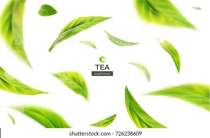 Vector 3d illustration with green tea leaves in motion on a white background. Element for design, advertising, packaging of tea products