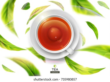 Vector 3d illustration with green tea leaves in motion on a white background and  ceramic mug with saucer with black tea. Element for design, advertising, packaging of tea products