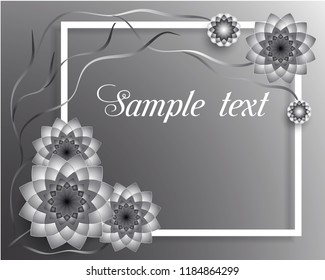 Vector 3D illustration of greeting card with silver geometric flowers on grey background