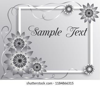Vector 3D illustration of greeting card with silver geometric flowers on light gray background