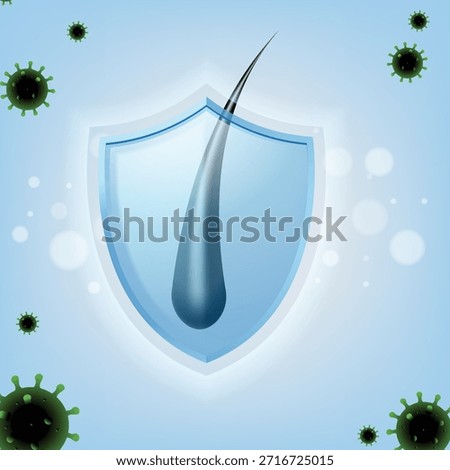 Vector 3D illustration of a hair strand inside a blue protective shield blocking viruses and bacteria. Concept for anti-pollution shampoo, hygiene defense, and scalp health protection.