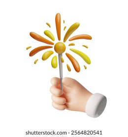 Vector 3D illustration of a hand holding a burning sparkler. Party popper. New Year, birthday. Celebration concept. Cartoon plastic style. Isolated background. Rendering.