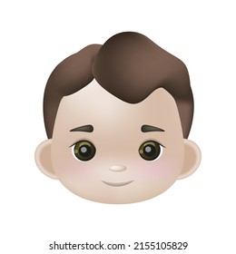 Vector 3d illustration, the head of a boy with light skin and brown hair. Avatar, icon for the application. Kawaii smiling cartoon character. Suitable for children's products, books.