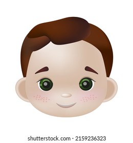 Vector 3d illustration, the head of a boy with red hair, green eyes and freckles. Avatar, icon for the application. Kawaii smiling cartoon character. Suitable for children's products, books.