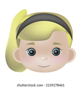 Vector 3d illustration, the head of a girl blue eyes and blond hair,hairstyle ponytail. Avatar, icon for the application. Kawaii smiling cartoon character.Suitable for children's products, books