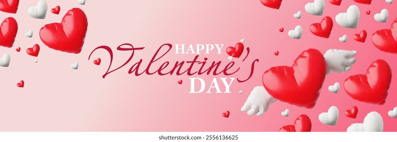 Vector 3D illustration of horizontal banner with inflated shapes of red and white hearts with and without wings on pink gradient background. Greeting poster with space for text. Valentine's Day.