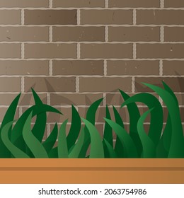 Vector 3d illustration of houseplant on a brick, brown, textured background. There is an empty space for text. Concept background, backdrop. It can be used for design of texts, social networks, etc. 