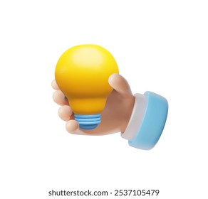 Vector 3D illustration of human hand holding yellow light bulb. Business, strategy and success concept. Cartoon minimalist style. Icon for design. Rendering. Isolated white background.