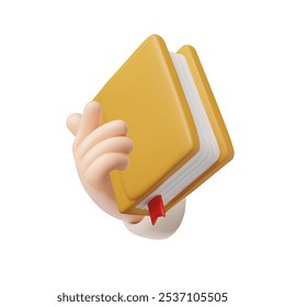 Vector Ilustración 3D de una mano humana sosteniendo un libro cerrado con una cubierta amarilla y un marcador. Educación o concepto de negocio. Estilo plástico de la historieta en un fondo aislado. Icono para el diseño.