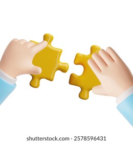 Vector 3D illustration of human hands holding yellow puzzle pieces. Teamwork, cooperation and strategy in business theme. Children's puzzle. Isolated background.