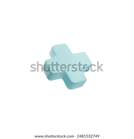 Vector 3D illustration with an image of a blue cross. Controller button icon or medical symbol on isolated background. Positive sign in cartoon style on isolated background.