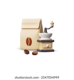 Vector 3D ilustración con la Imagen de un molinillo de café con una bolsa de papel y granos de café. Hacer una bebida, comprar y moler manualmente. Fondo aislado. Elementos para el diseño. Representación.