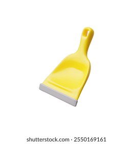 Vector 3d illustration with the image of a dustpan for collecting garbage, yellow color on an isolated background. Cleaning equipment. Cleaning services. Cartoon plastic style. Rendering.