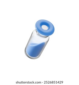 Vector 3d illustration with the image of a medical ampoule with blue liquid inside. Glass closed jar with a vaccine or medicine. Medicine concept. Cartoon style. Isolated background.