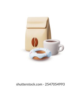 Ilustração em 3d vetorial com a imagem de um saco de papel com grãos de café, uma xícara de café e uma rosquinha. Lanche ou café da manhã. Estilo de desenho animado. Elementos em um plano de fundo isolado para design. Renderização.