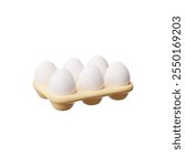 Vector 3d illustration with the image of a tray with six chicken eggs. Fresh organic product. Food, breakfast, ingredient, purchase. Cartoon plastic style. Icon for design on an isolated background.